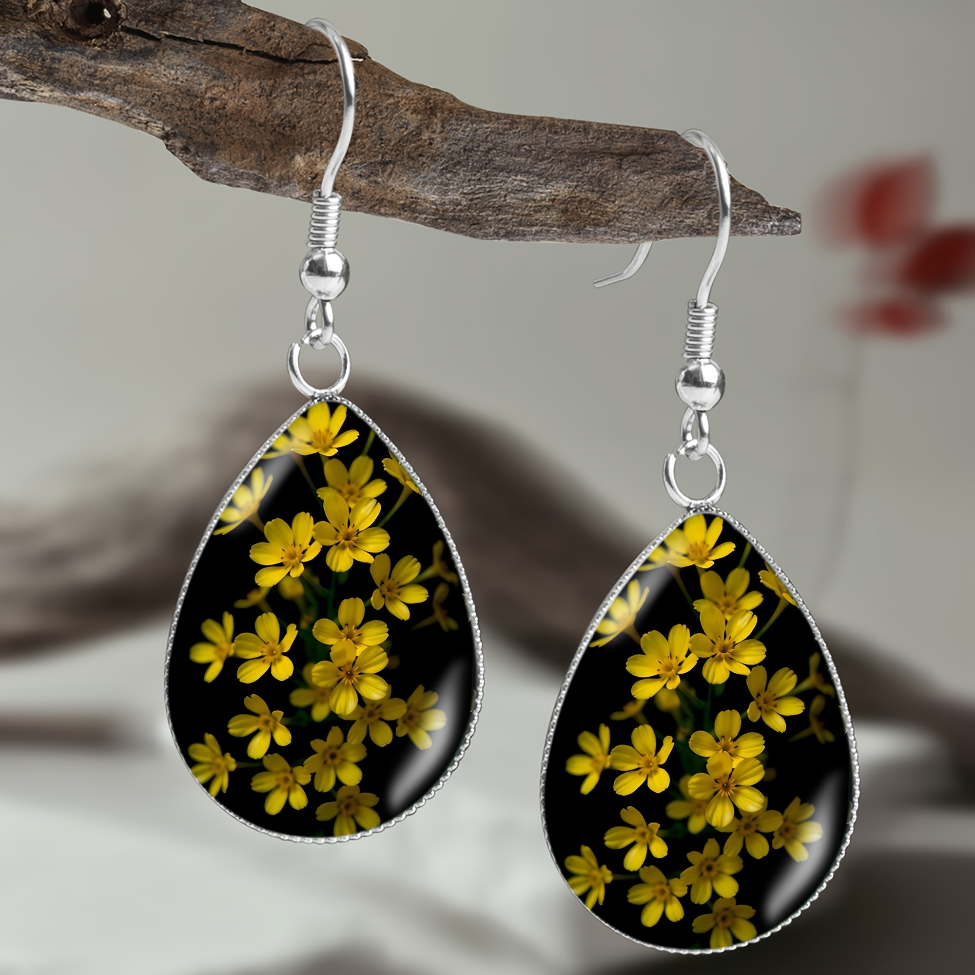 Bright Yellow Flower Pattern Teardrop Earrings, Unisex